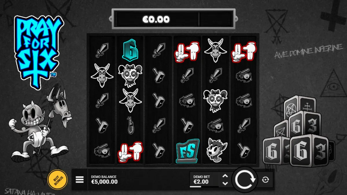 Interface do jogo Pray for Six com tema gótico e monocromático