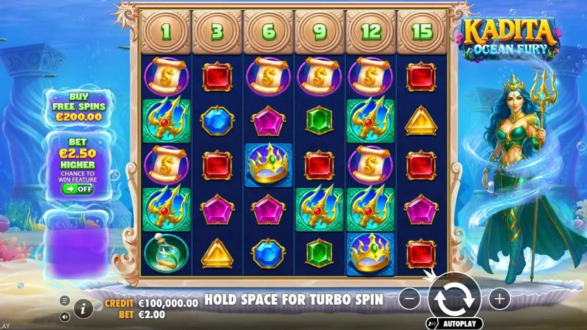 Cena subaquática do slot Kadita Ocean Fury com a deusa Kadita e símbolos temáticos